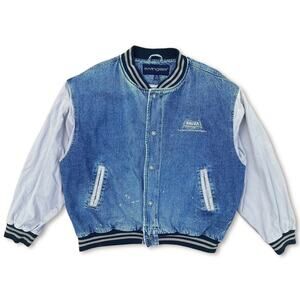 Vintage 90s Denim Jean Varsity Bomber Jacket Swingster | Size XL